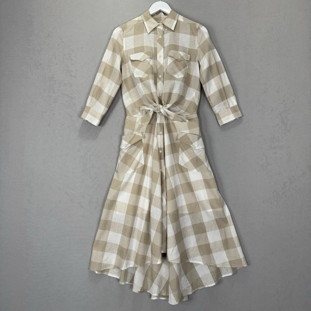 Sara Roka Drake Belted Dress‎ Womens 40 Beige Linen Gingham Shirt Midi Cottage - Picture 2 of 16